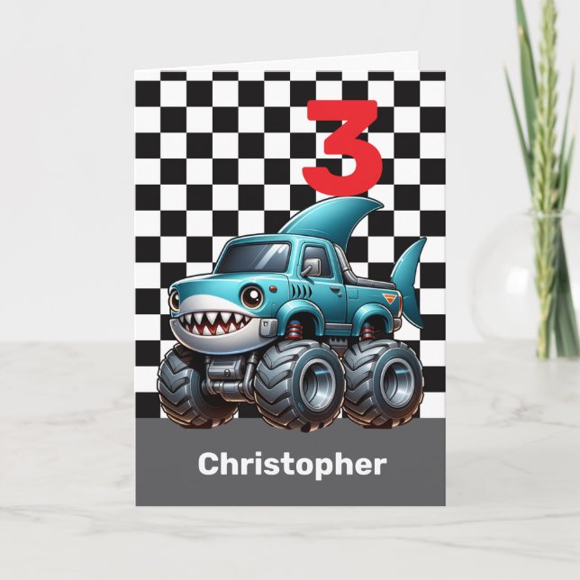 Cute Shark Monster Truck 3rd Birthday Card (Front)