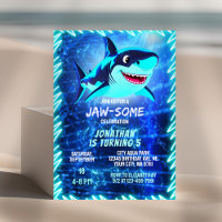 Cute Shark Neon Glow Blue Pool Party Boys Birthday