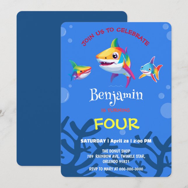 Cute shark rainbow colourful birthday party kids invitation (Front/Back)