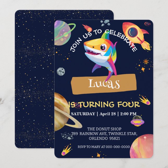Cute Shark rainbow Galaxy space birthday party Invitation (Front/Back)