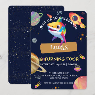 Cute Shark rainbow Galaxy space birthday party Invitation