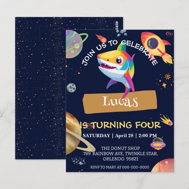 Cute Shark rainbow Galaxy space birthday party Postcard (Front/Back)