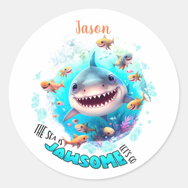 Cute Shark Summer Name Boy Classic Round Sticker (Front)