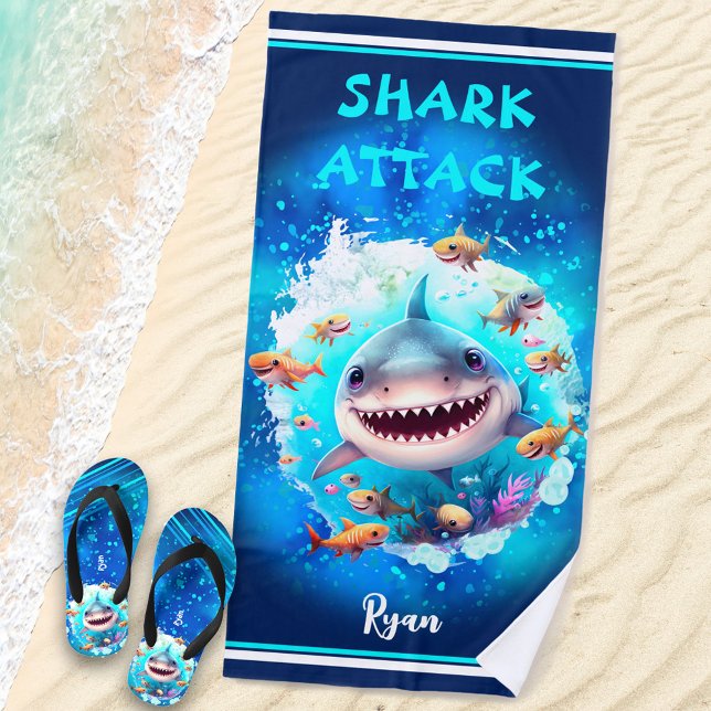 Cute Shark Summer Vacation Name Boy Beach Towel (Creator Uploaded)