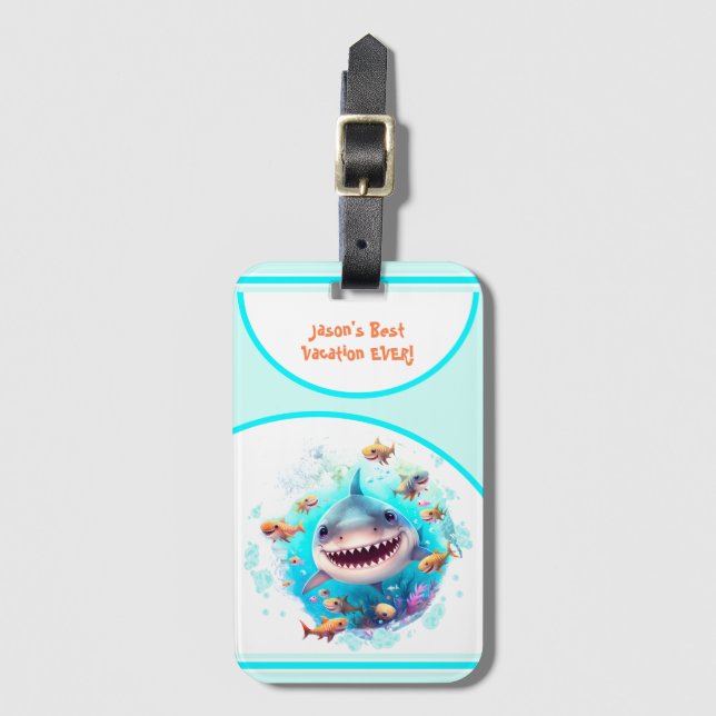 Cute Shark Summer Vacation Personalized Boy Luggage Tag (Front Vertical)