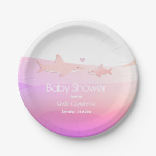 Cute Sharks and Ocean Pink Baby Shower Paper Plate