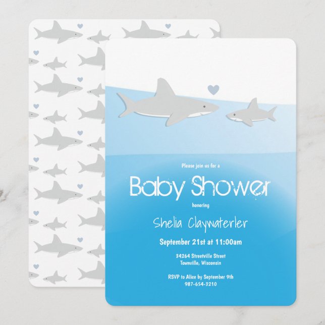 Cute Sharks and Ocean Vertical Baby Shower Invitation (Front/Back)