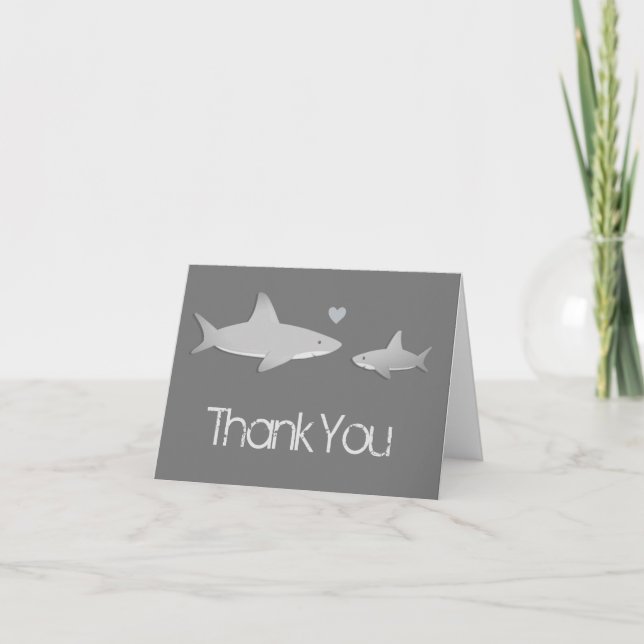 Cute Sharks Solid Grey Background Baby Shower Thank You Card (Front)