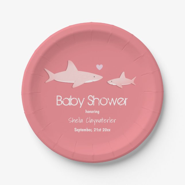 Cute Sharks Solid Pink Background | Baby Shower Paper Plate (Front)