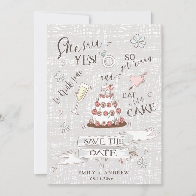 cute she said yes cartoon style save the date invitation (Front)