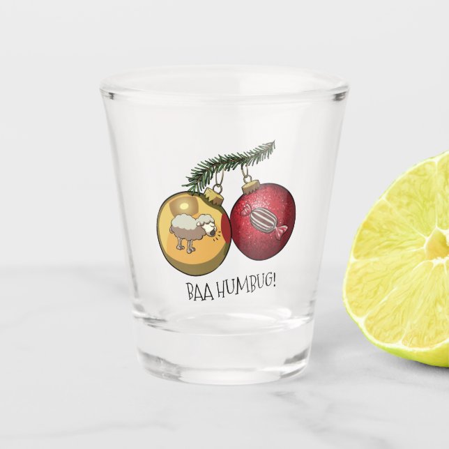 Cute Sheep Baa Humbug! Christmas Scrooge Cartoon Shot Glass (Front)