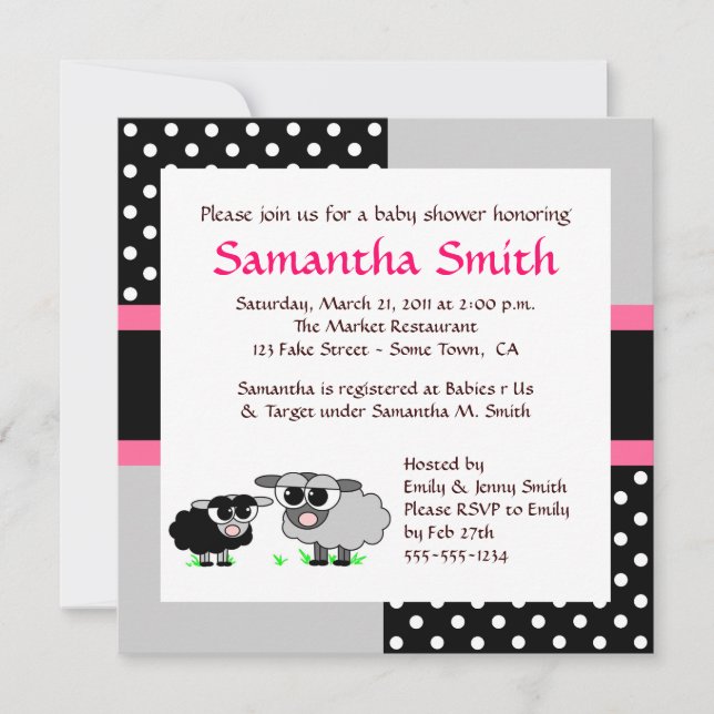Cute Sheep Baby Shower Invitation Pink Black Grey (Front)
