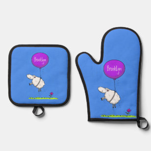 Cute sheep balloon cartoon humour illustration oven mitt & pot holder set