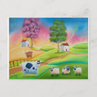 Cute sheep cows folk art naive painting G Bruce