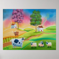 Cute sheep cows folk art naive painting G Bruce