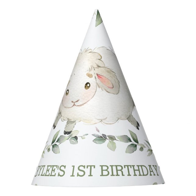 Cute Sheep Farm Greenery 1st Birthday Boy Girl   Party Hat (Front)