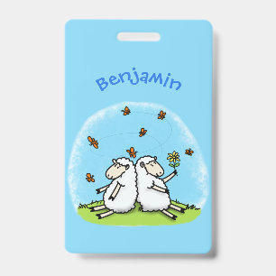 Cute sheep friends and butterflies cartoon badge