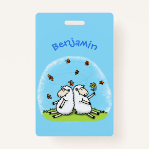Cute sheep friends and butterflies cartoon badge