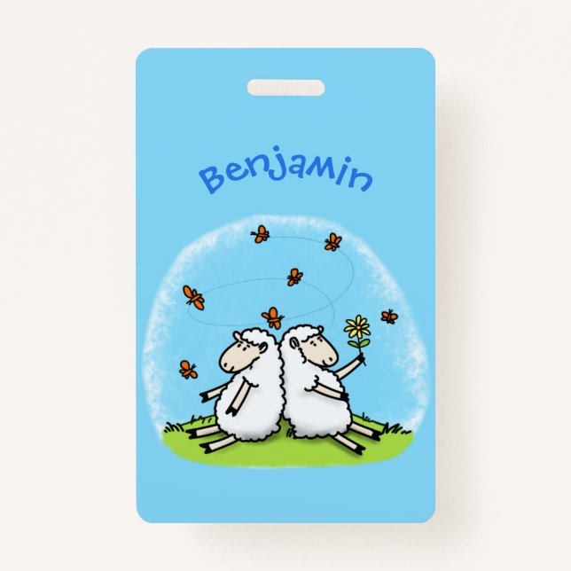 Cute sheep friends and butterflies cartoon badge (Front)