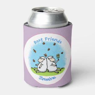 Cute sheep friends and butterflies cartoon can cooler