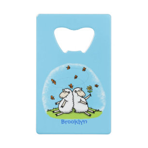 Cute sheep friends and butterflies cartoon credit card bottle opener
