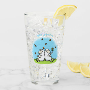Cute sheep friends and butterflies cartoon glass