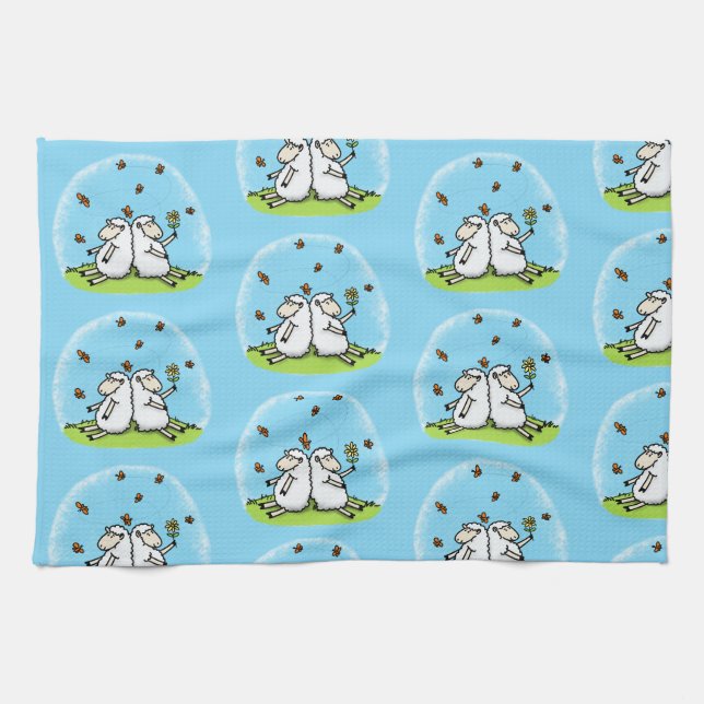 Cute sheep friends and butterflies cartoon kitchen towel (Horizontal)