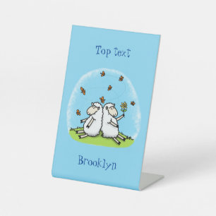 Cute sheep friends and butterflies cartoon pedestal sign