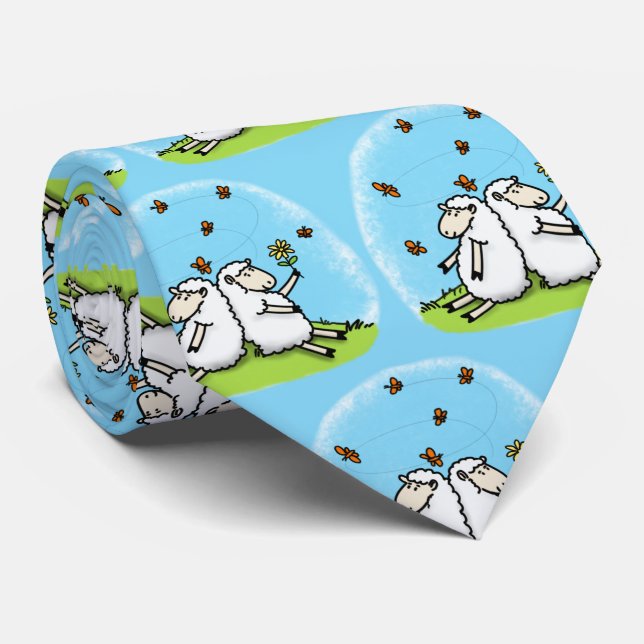 Cute sheep friends and butterflies cartoon tie (Rolled)