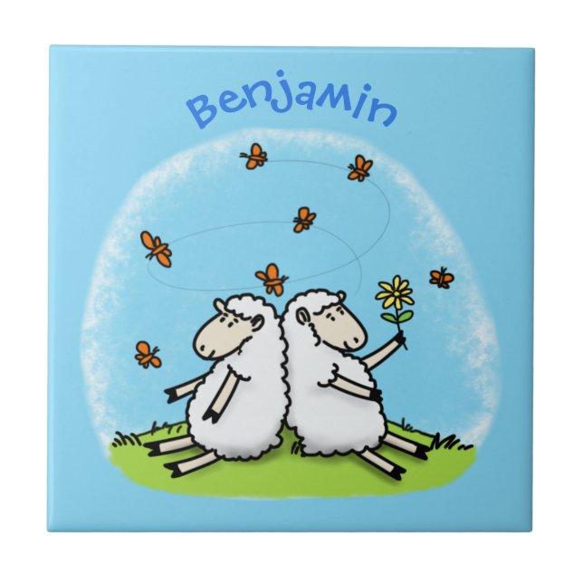 Cute sheep friends and butterflies cartoon tile (Front)