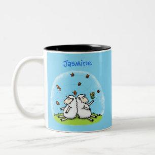 Cute sheep friends and butterflies cartoon Two-Tone coffee mug