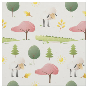 Cute Sheep green alligator and trees kids  nursery Fabric