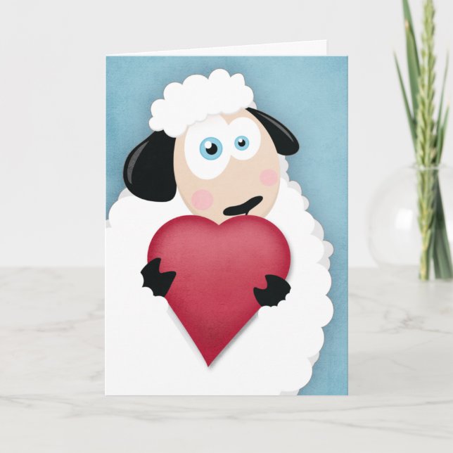 Cute Sheep Holding a Love Heart Valentine Cards (Front)