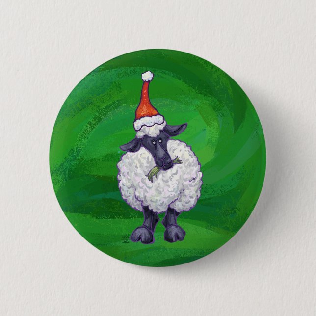 Cute Sheep in Santa Hat On Green 2 Inch Round Button (Front)