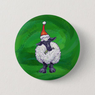 Cute Sheep in Santa Hat On Green 2 Inch Round Button
