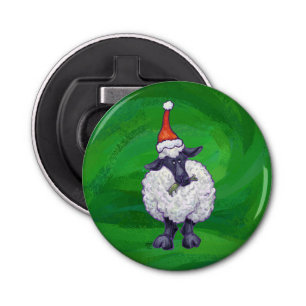 Cute Sheep in Santa Hat On Green Bottle Opener