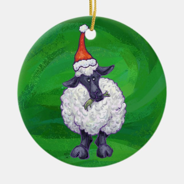 Cute Sheep in Santa Hat On Green Ceramic Ornament (Front)