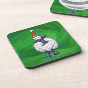 Cute Sheep in Santa Hat On Green Coaster