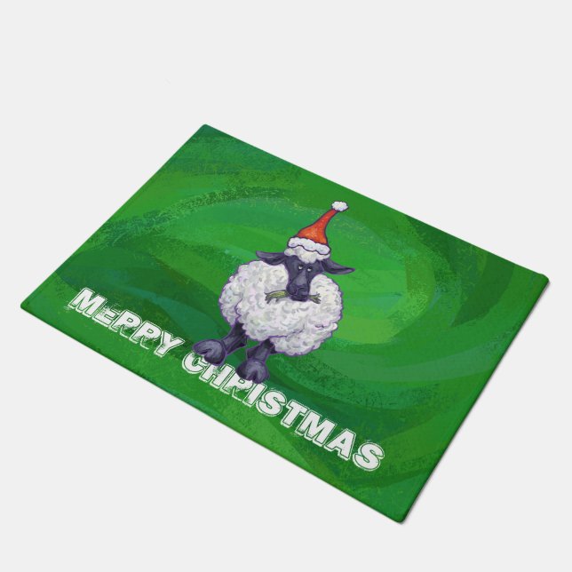Cute Sheep in Santa Hat On Green Doormat (Angled)