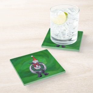 Cute Sheep in Santa Hat On Green Glass Coaster