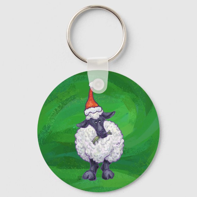 Cute Sheep in Santa Hat On Green Keychain (Front)
