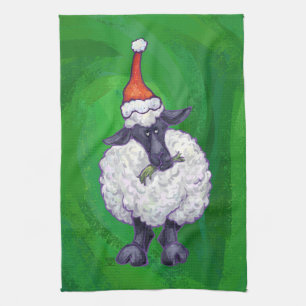 Cute Sheep in Santa Hat On Green Kitchen Towel