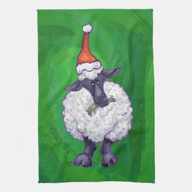 Cute Sheep in Santa Hat On Green Kitchen Towel (Vertical)