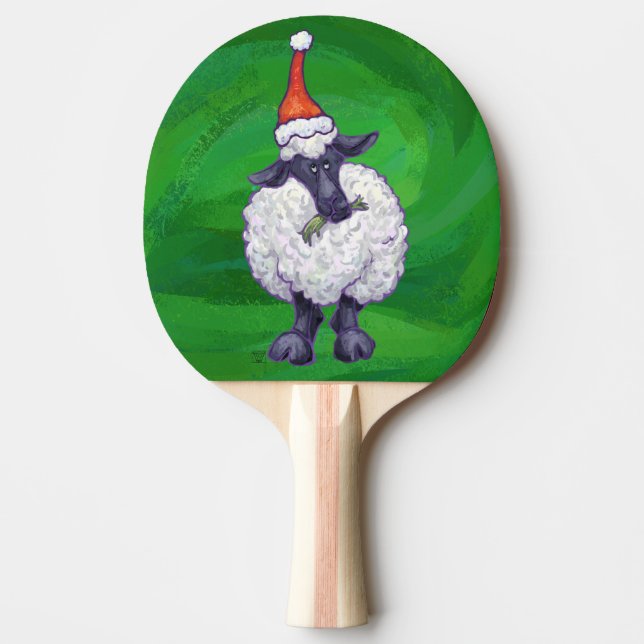 Cute Sheep in Santa Hat On Green Ping Pong Paddle (Front)