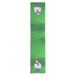 Cute Sheep in Santa Hat On Green Short Table Runner
