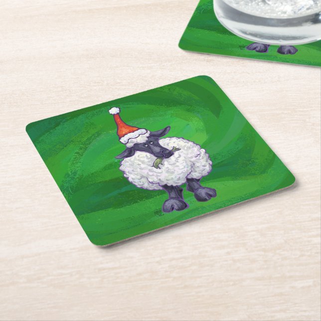 Cute Sheep in Santa Hat On Green Square Paper Coaster (Angled)