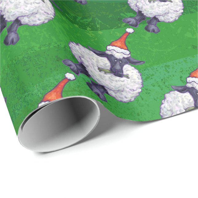 Cute Sheep in Santa Hat On Green Wrapping Paper (Roll Corner)