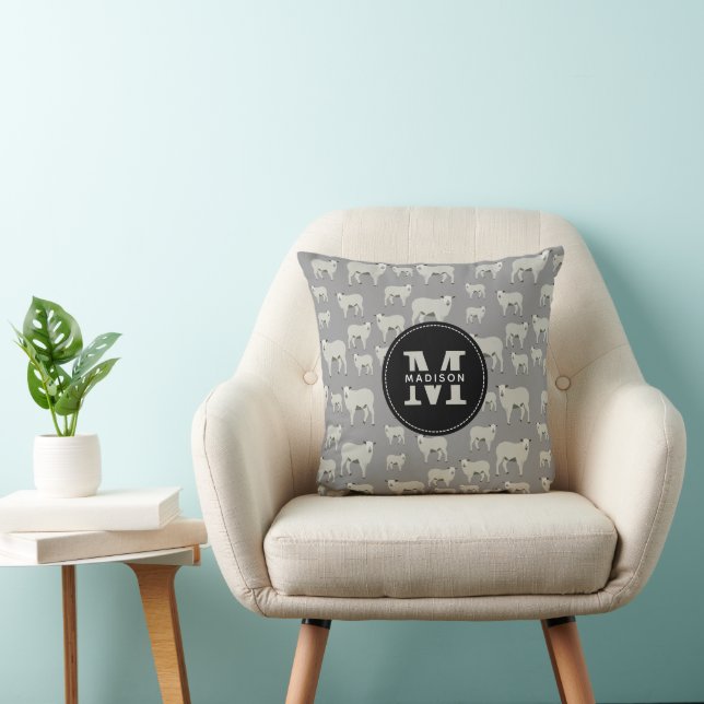 Cute Sheep & Lamb Farm Animal Pattern Monogram Bab Throw Pillow (Chair)