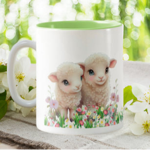 Cute Sheep Lamb in garden of flowers personalized  Two-Tone Coffee Mug