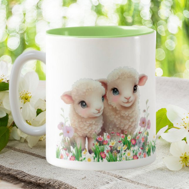 Cute Sheep Lamb in garden of flowers personalized  Two-Tone Coffee Mug (Creator Uploaded)